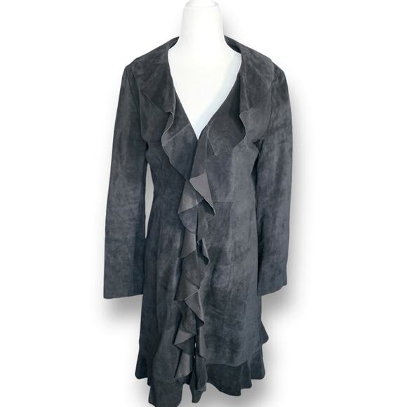 Scully Black Suede Ruffle Front Coat Genuine Leather Longline Duster Jacket - Picture 2 of 14